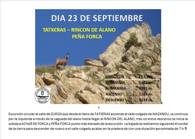 Montaña: 23 Septiembre – Tatxeras-Rincón de Alano-Peña Forca